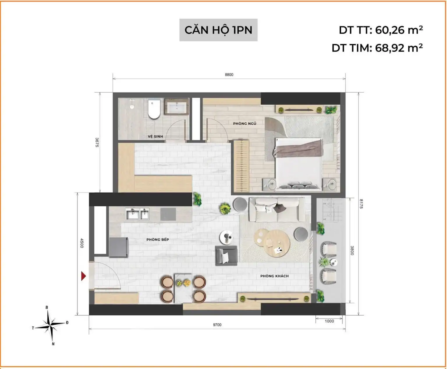 Tara Maison – thiết kế căn 1 phòng ngủ