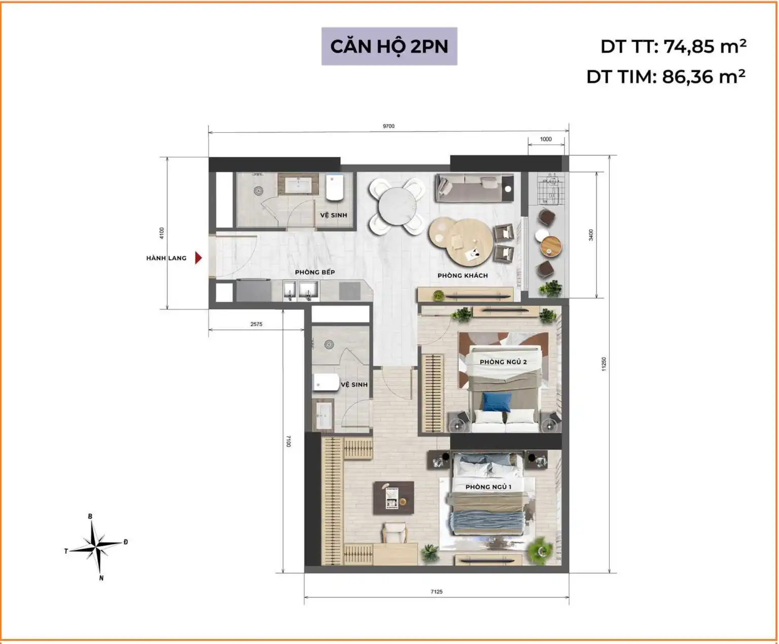 Tara Maison – thiết kế căn 2 phòng ngủ